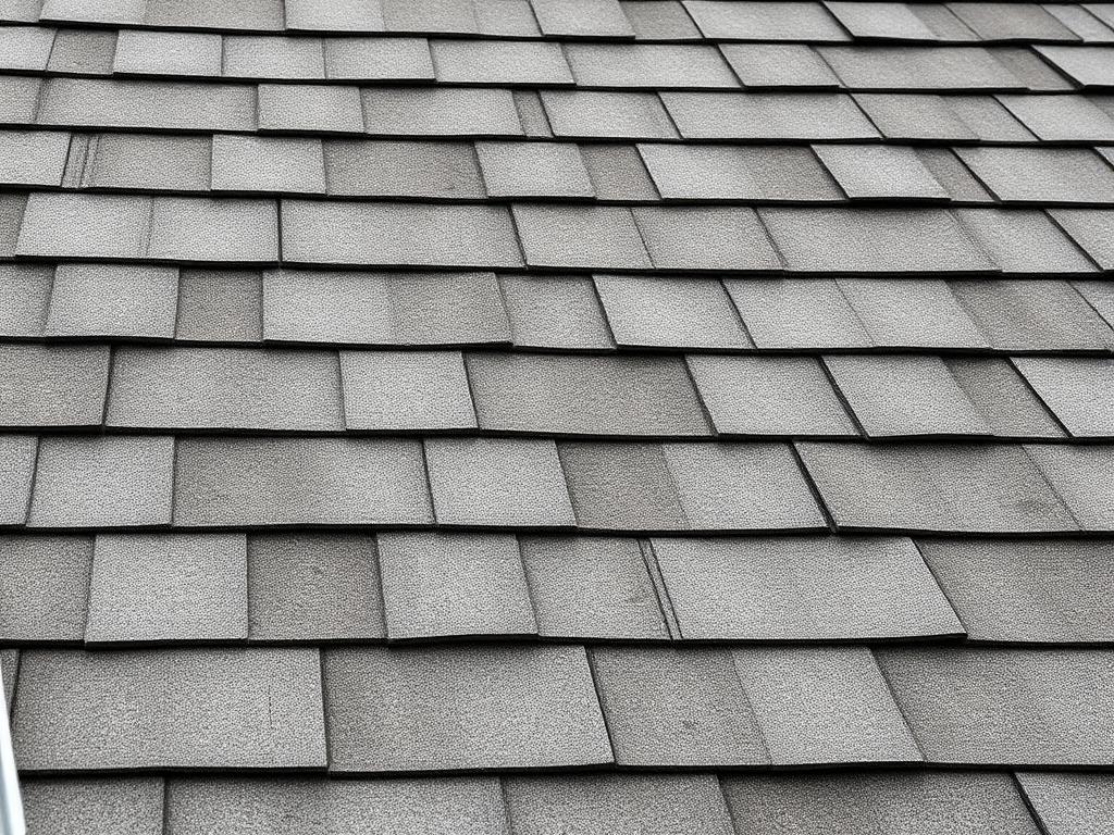Before roof rejuvenation: dried-out, faded architectural shingles restored to a rich even tone — Gorham, Maine area home