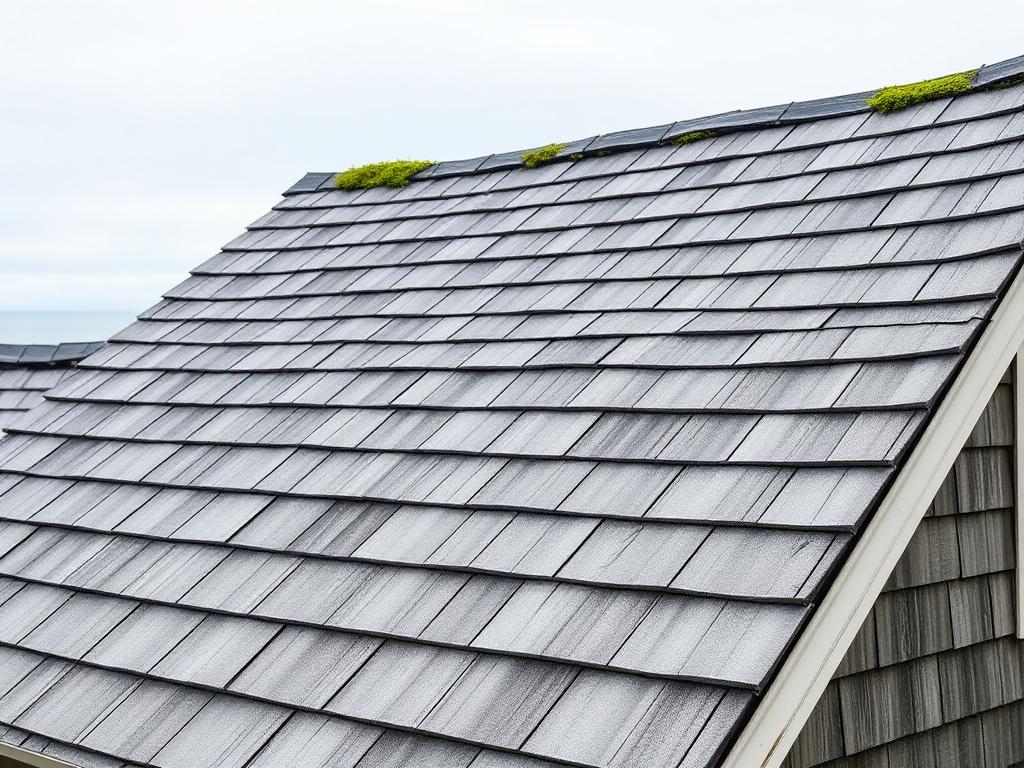 Before roof rejuvenation: weathered coastal roof with streaking and moss restored to a clean uniform finish — Gorham, Maine area home