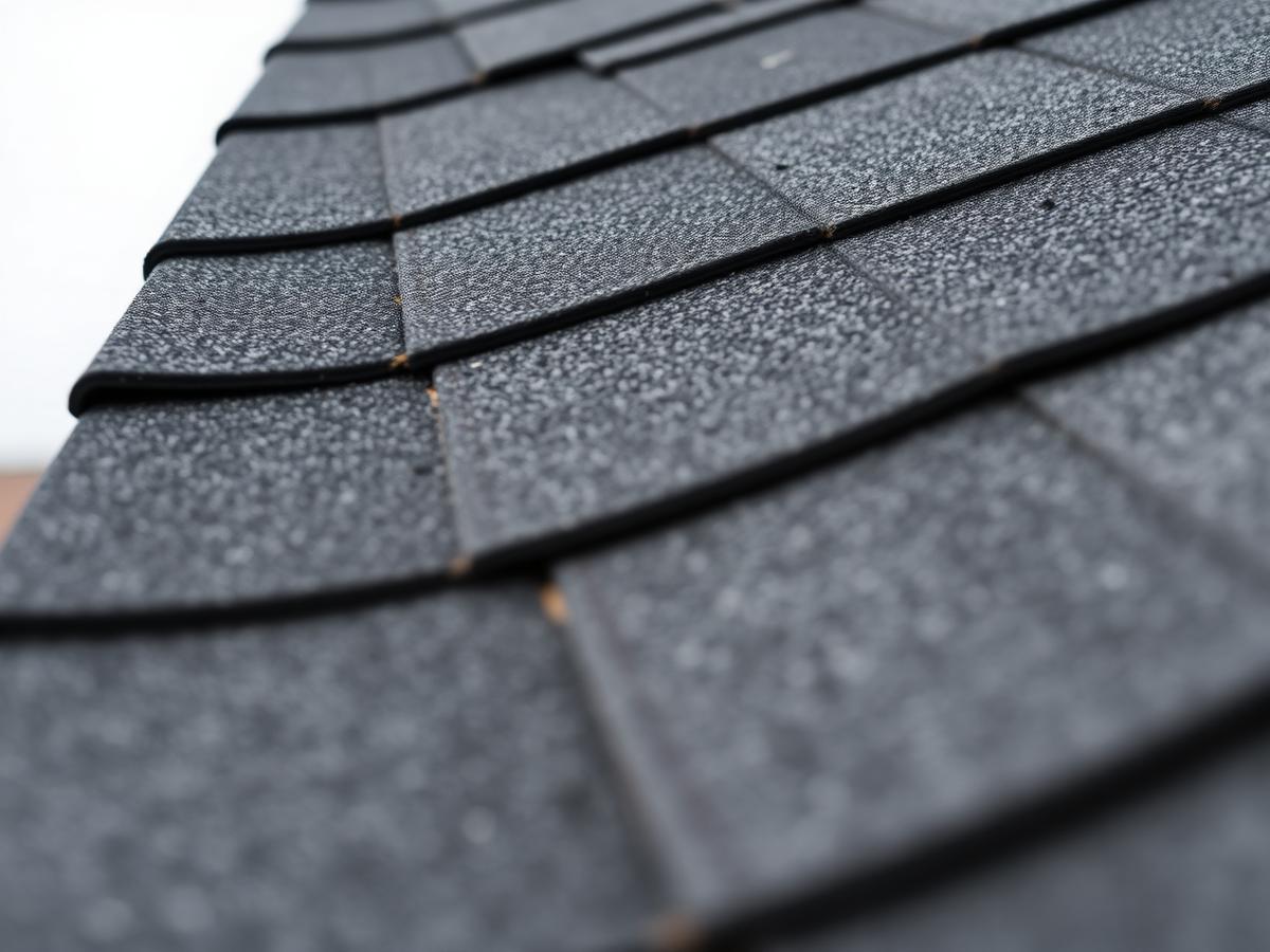 Close-up of weathered asphalt shingles showing granule loss and curling tab edges