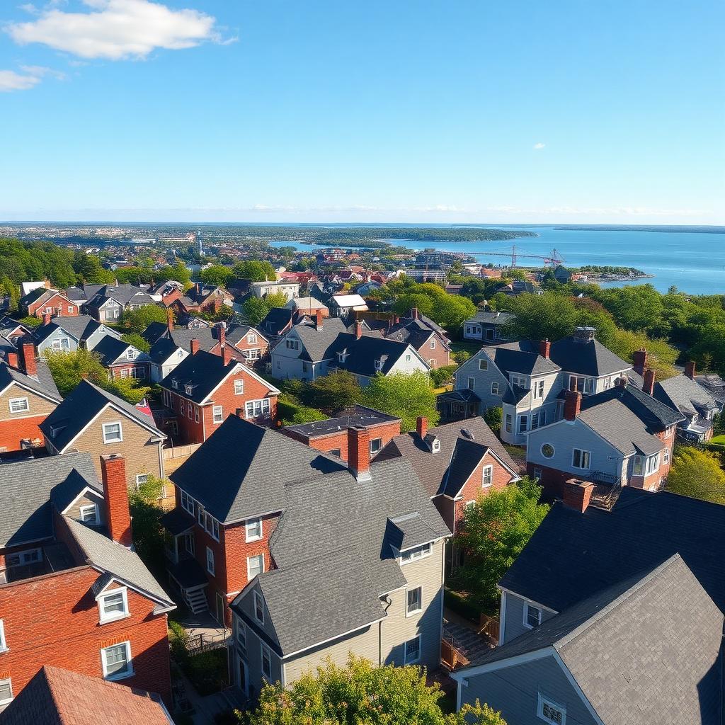 Aerial view of asphalt shingle rooftops in a Greater Portland, Maine neighborhood with Casco Bay in the distance